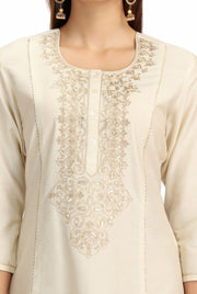 Off White PolySilk Embroidered A Line Kurta
