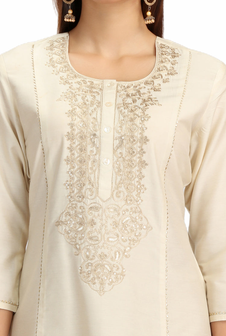 Off White PolySilk Embroidered A Line Kurta