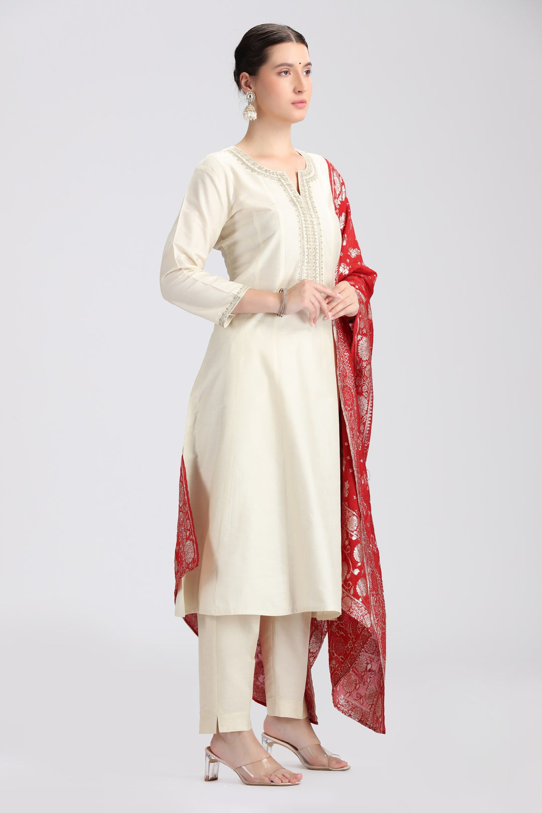 Cream PolySilk Embroidered A Line Kurta Pant and Dupatta Suit Set
