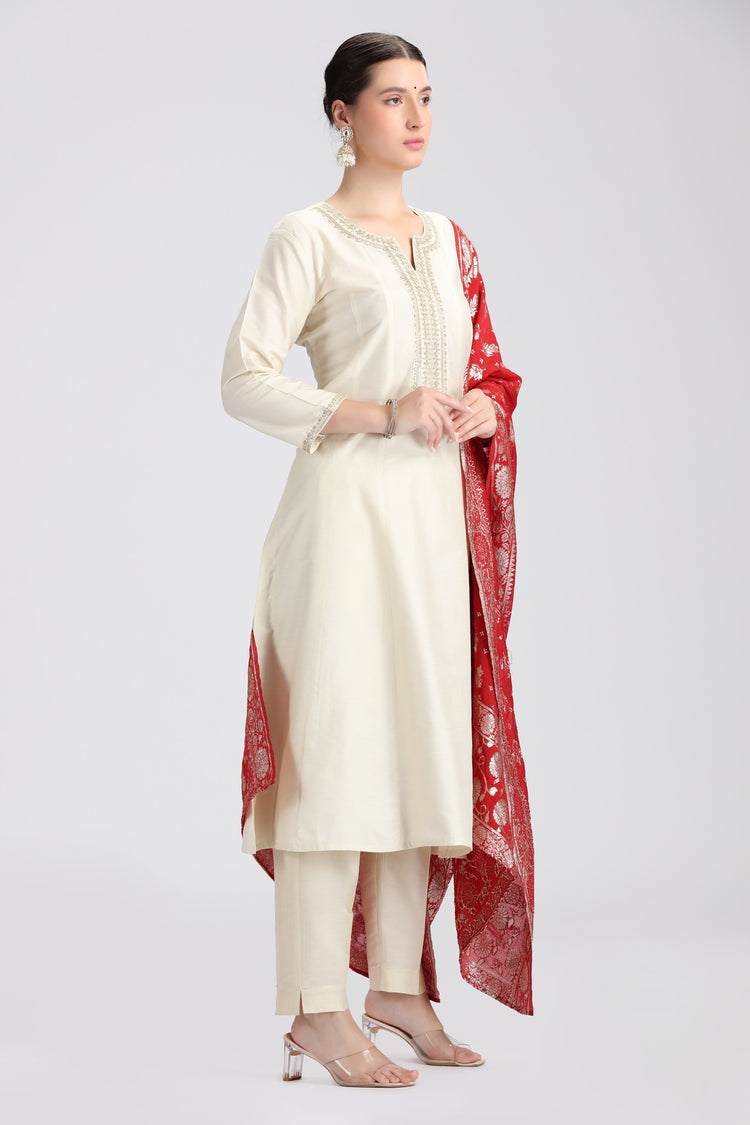 Cream PolySilk Embroidered A Line Kurta Pant and Dupatta Suit Set