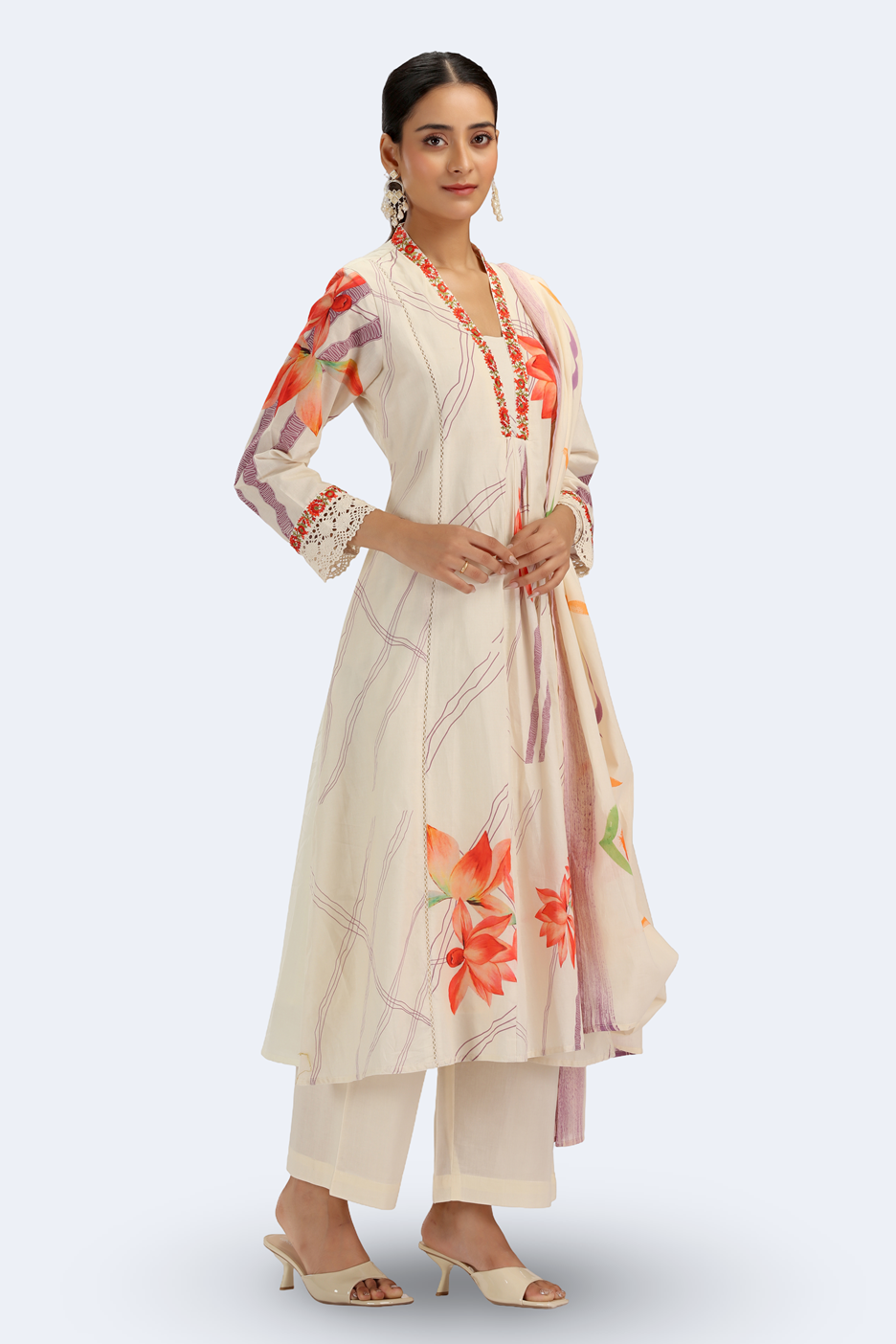 Cream PolySilk Floral A Line Kurta Pant and Dupatta Suit Set