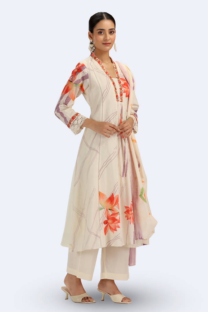 Cream PolySilk Floral A Line Kurta Pant and Dupatta Suit Set