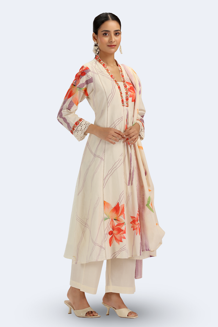 Cream PolySilk Floral A Line Kurta Pant and Dupatta Suit Set