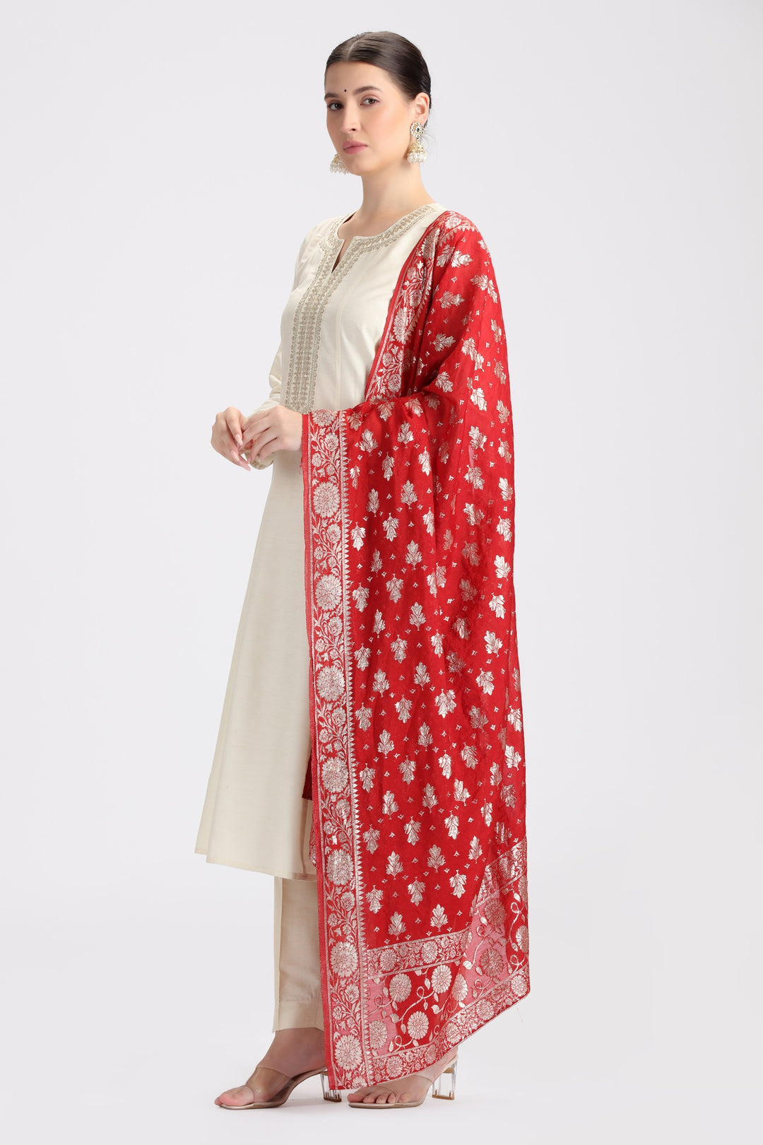 Cream PolySilk Embroidered A Line Kurta Pant and Dupatta Suit Set