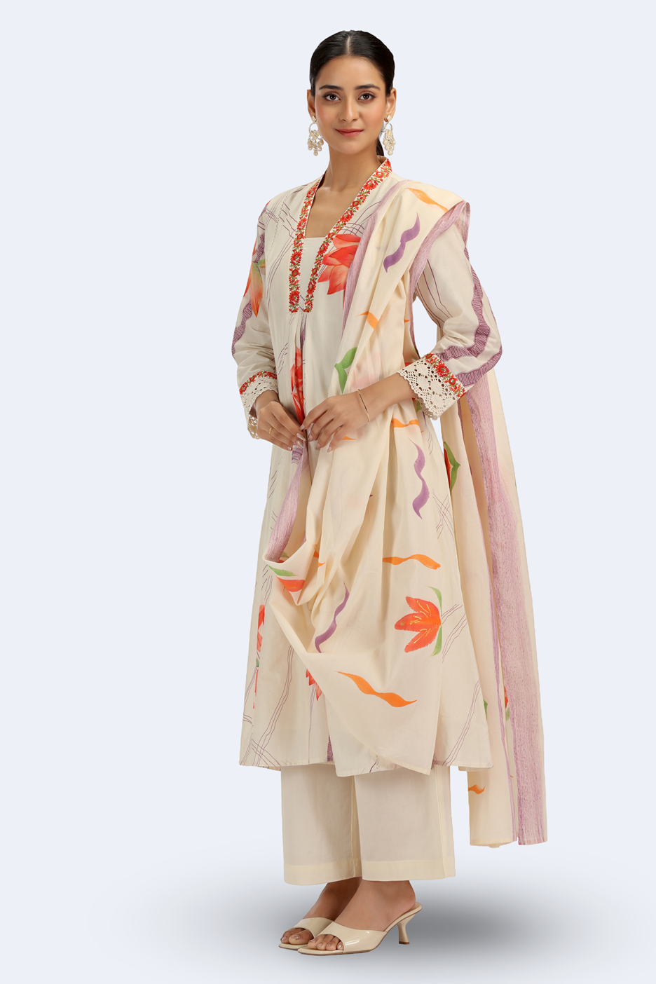 Cream PolySilk Floral A Line Kurta Pant and Dupatta Suit Set