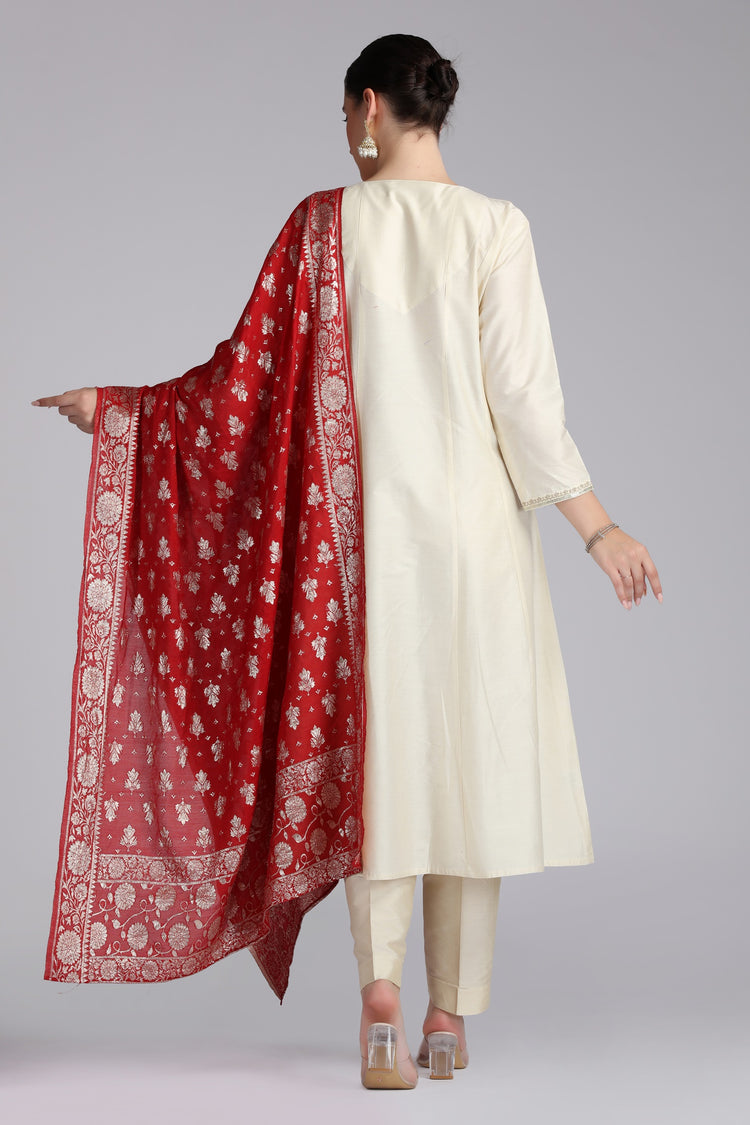 Cream PolySilk Embroidered A Line Kurta Pant and Dupatta Suit Set