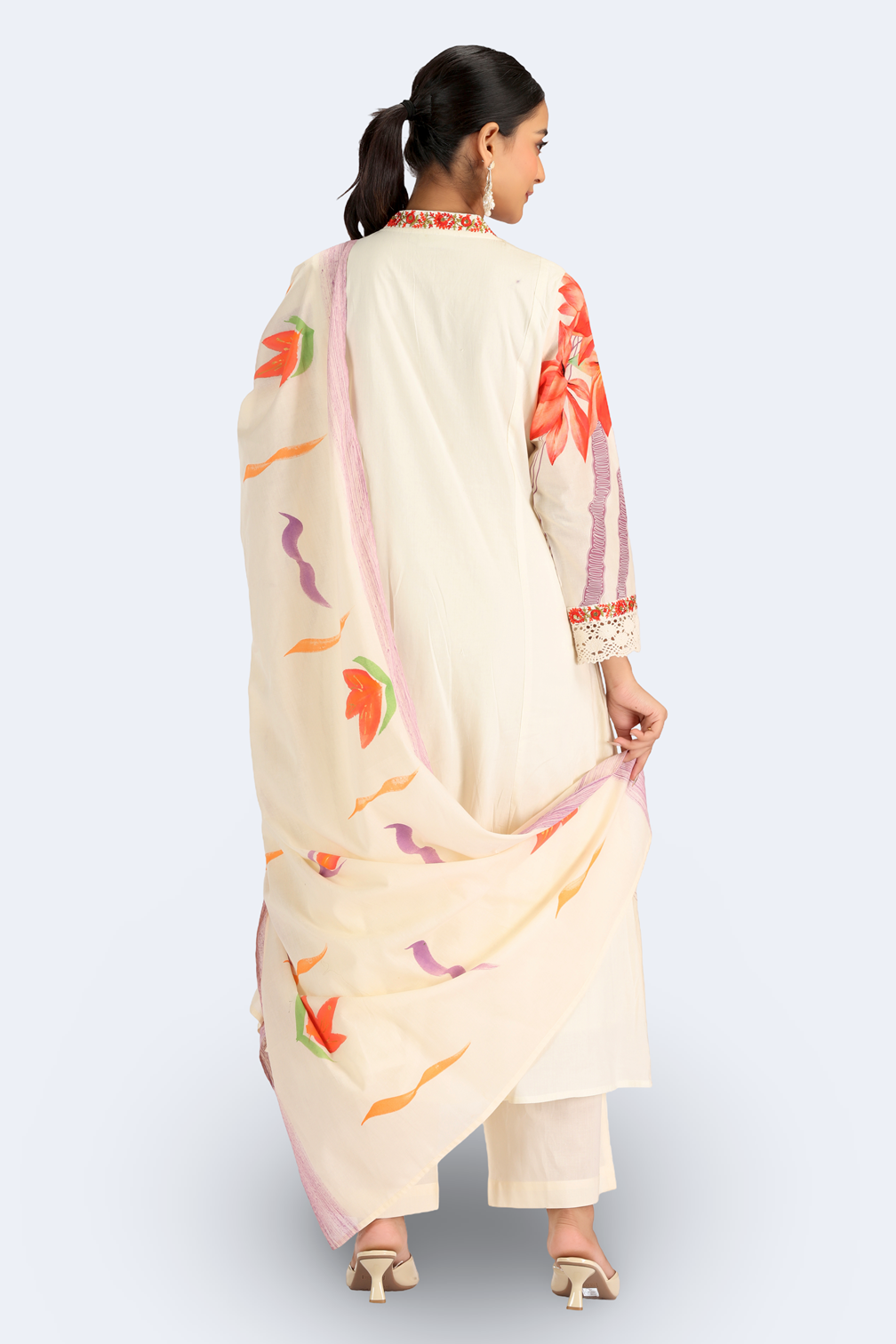 Cream PolySilk Floral A Line Kurta Pant and Dupatta Suit Set