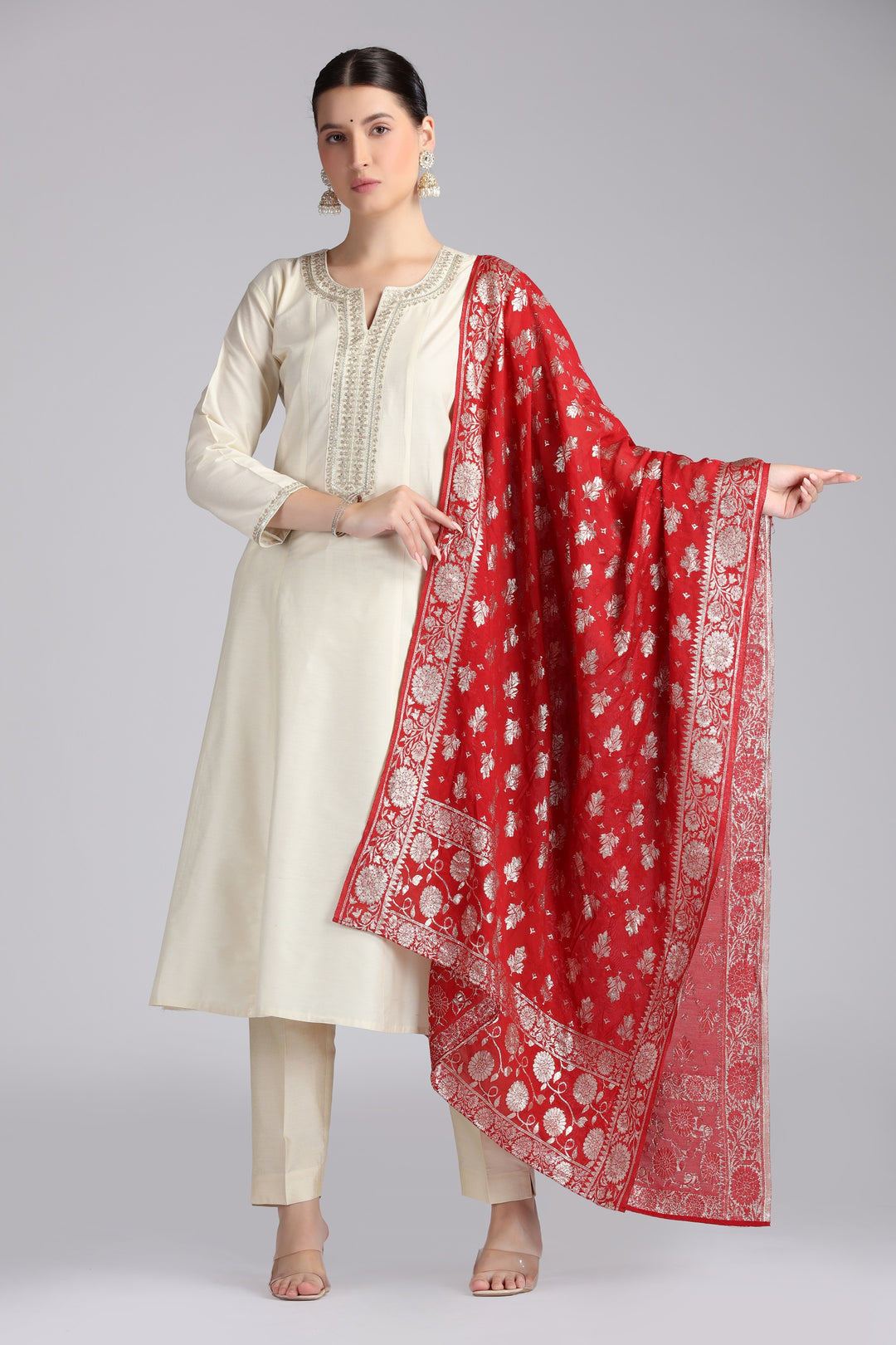 Cream PolySilk Embroidered A Line Kurta Pant and Dupatta Suit Set
