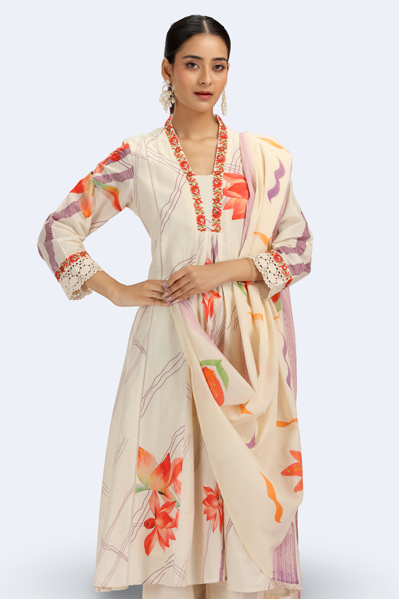 Cream PolySilk Floral A Line Kurta Pant and Dupatta Suit Set