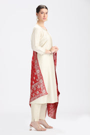 Cream PolySilk Embroidered A Line Kurta Pant and Dupatta Suit Set