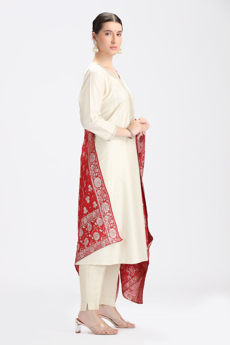 Cream PolySilk Embroidered A Line Kurta Pant and Dupatta Suit Set