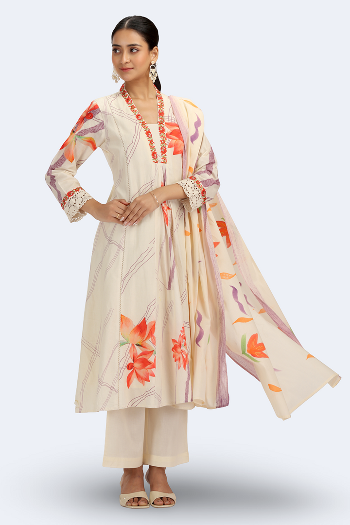 Cream PolySilk Floral A Line Kurta Pant and Dupatta Suit Set