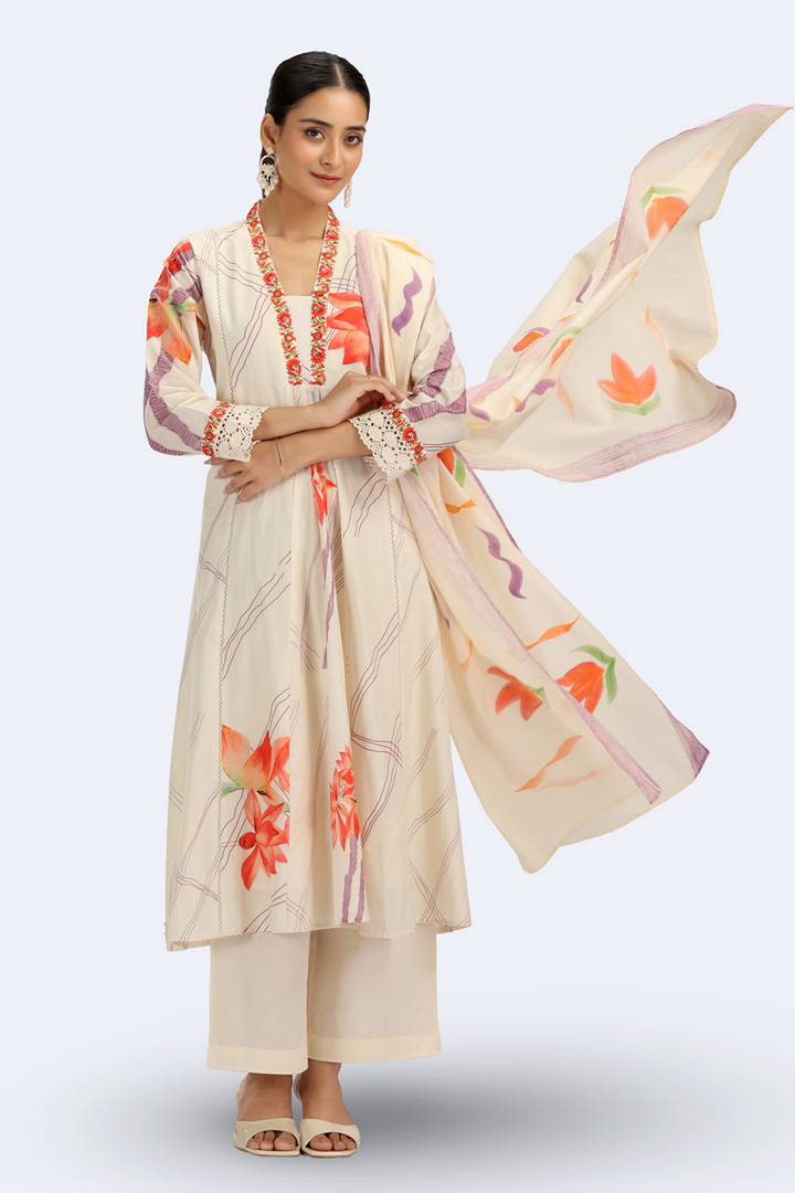 Cream PolySilk Floral A Line Kurta Pant and Dupatta Suit Set