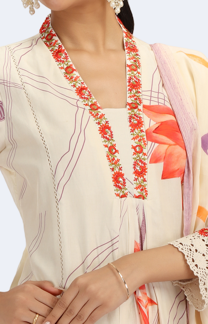 Cream PolySilk Floral A Line Kurta Pant and Dupatta Suit Set