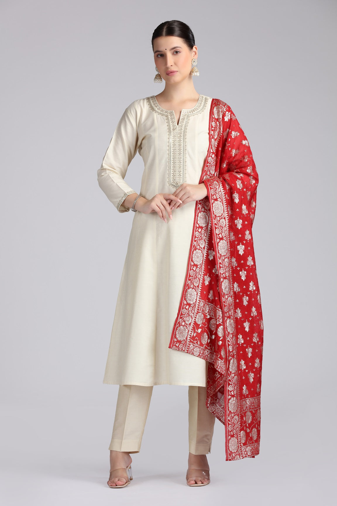 Cream PolySilk Embroidered A Line Kurta Pant and Dupatta Suit Set