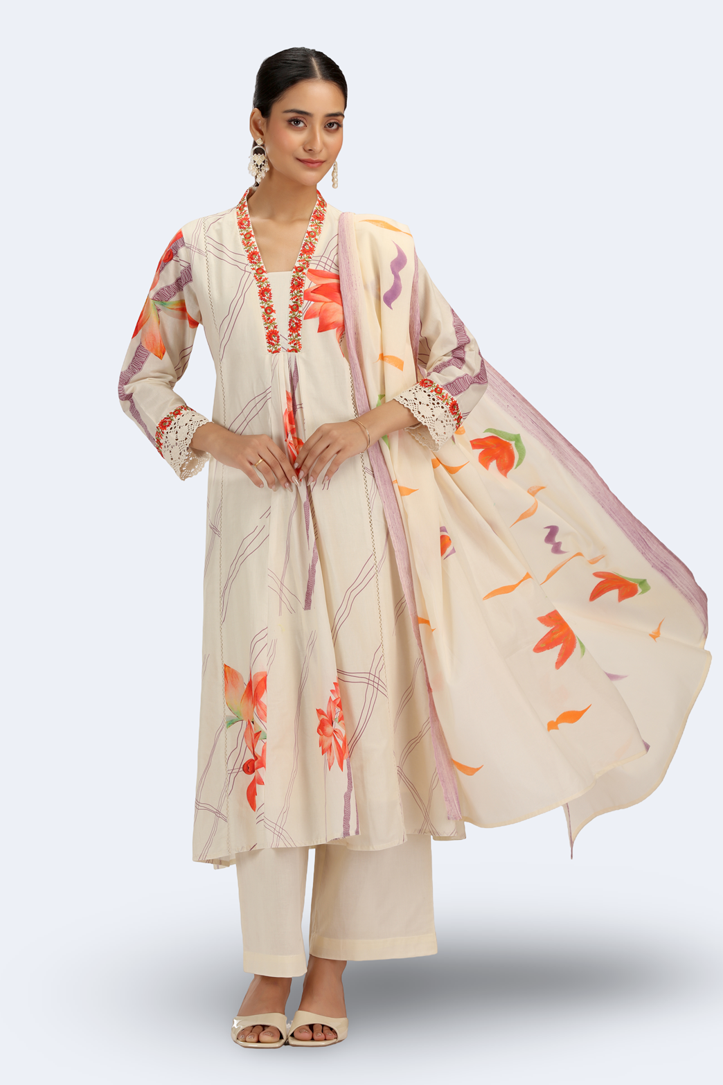 Cream PolySilk Floral A Line Kurta Pant and Dupatta Suit Set