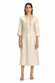Off White PolySilk Embroidered A Line Kurta