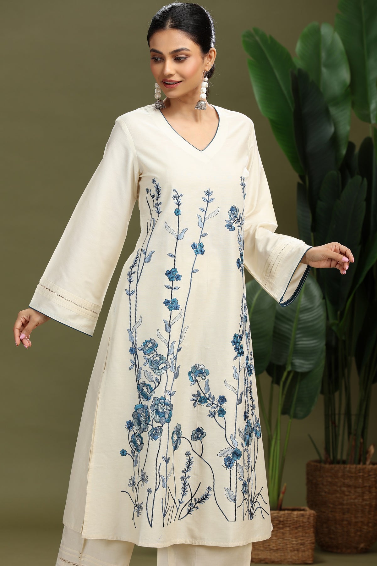 Cream PolySilk Embroidered A Line Kurta Pant Co ord Set