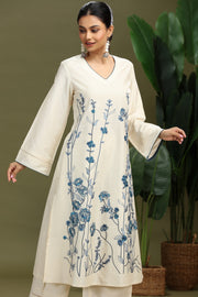 Cream PolySilk Embroidered A Line Kurta Pant Co ord Set