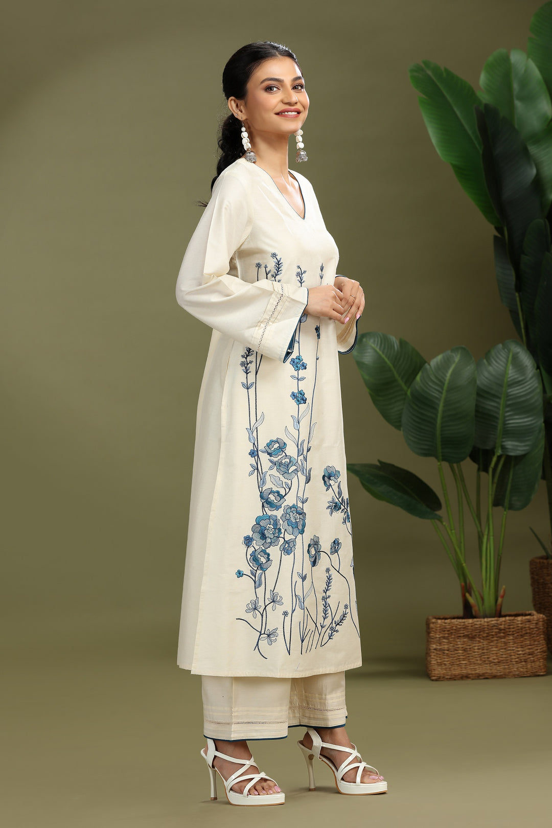 Cream PolySilk Embroidered A Line Kurta Pant Co ord Set