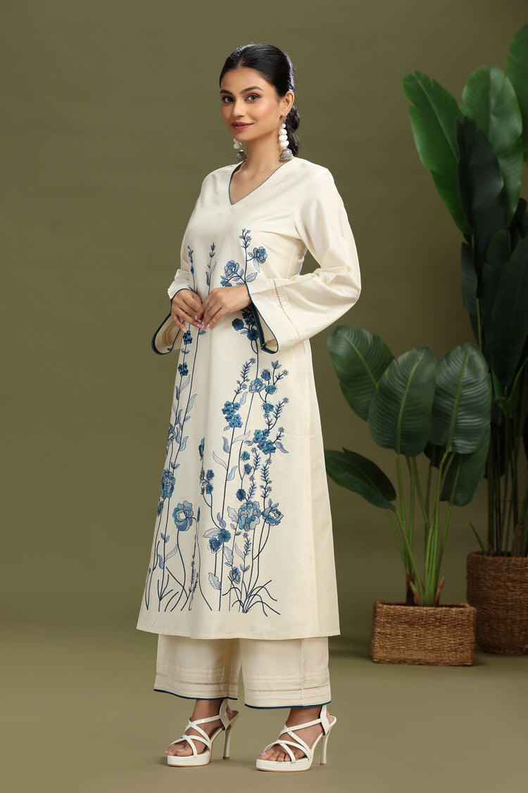 Cream PolySilk Embroidered A Line Kurta Pant Co ord Set