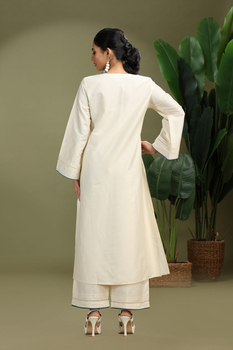 Cream PolySilk Embroidered A Line Kurta Pant Co ord Set