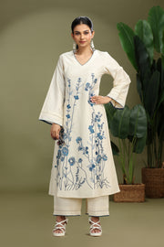 Cream PolySilk Embroidered A Line Kurta Pant Co ord Set