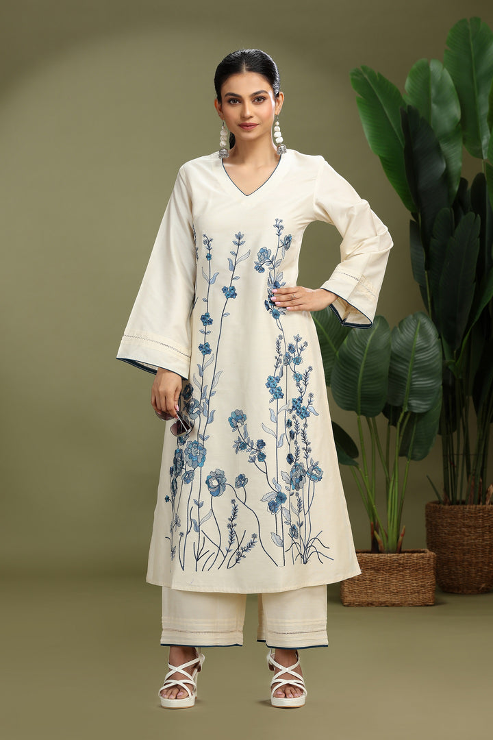 Cream PolySilk Embroidered A Line Kurta Pant Co ord Set