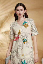 Cream Printed Cotton Straight Co-ord Set