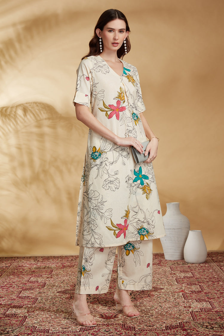 Cream Printed Cotton Straight Co-ord Set