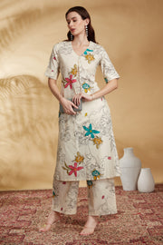 Cream Printed Cotton Straight Co-ord Set