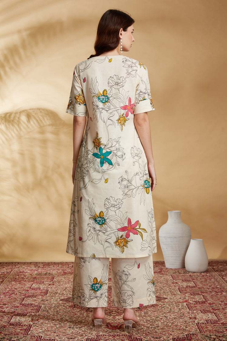 Cream Printed Cotton Straight Co-ord Set