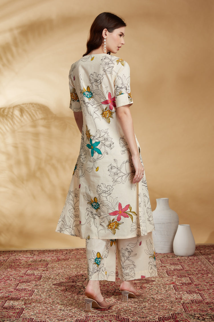 Cream Printed Cotton Straight Co-ord Set