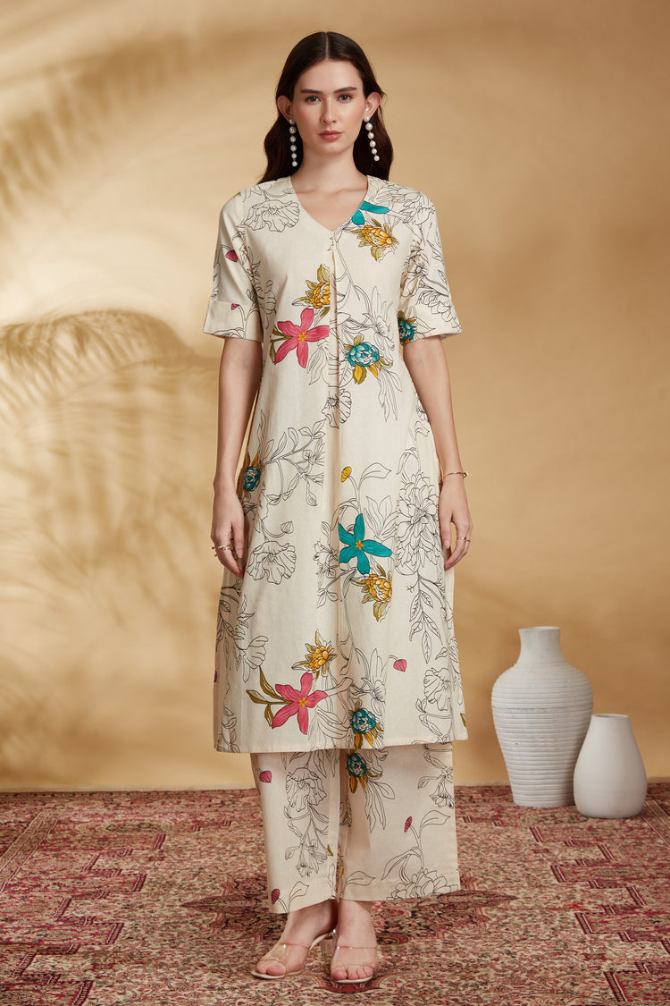 Cream Printed Cotton Straight Co-ord Set