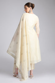 Cream Supernet Embroidered A Line Kurta Pant and Dupatta Suit Set