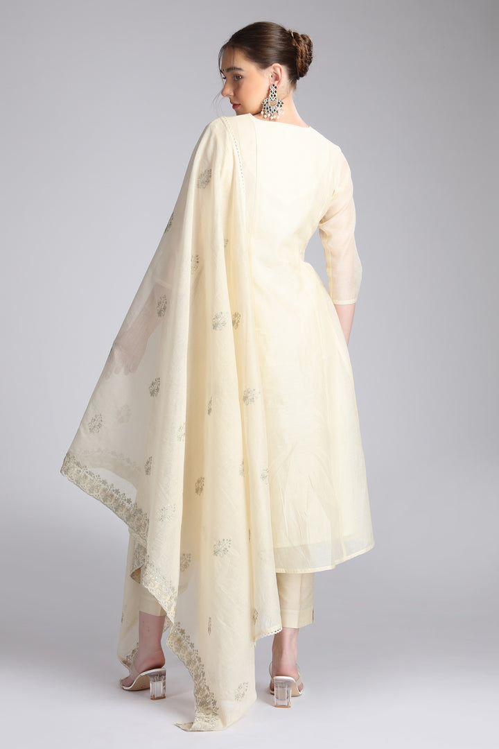 Cream Supernet Embroidered A Line Kurta Pant and Dupatta Suit Set