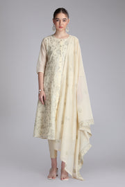Cream Supernet Embroidered A Line Kurta Pant and Dupatta Suit Set