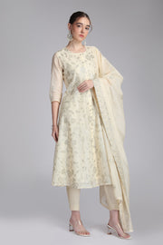 Cream Supernet Embroidered A Line Kurta Pant and Dupatta Suit Set