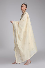 Cream Supernet Embroidered A Line Kurta Pant and Dupatta Suit Set