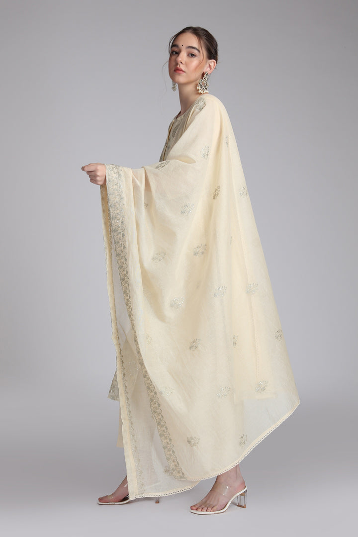 Cream Supernet Embroidered A Line Kurta Pant and Dupatta Suit Set