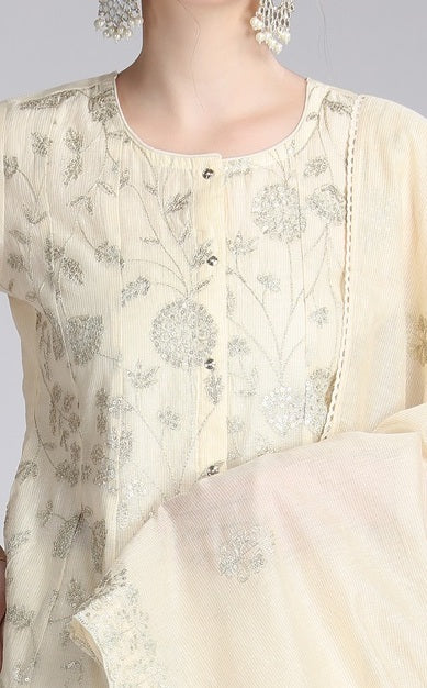 Cream Supernet Embroidered A Line Kurta Pant and Dupatta Suit Set