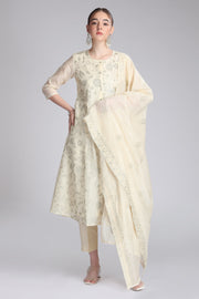 Cream Supernet Embroidered A Line Kurta Pant and Dupatta Suit Set