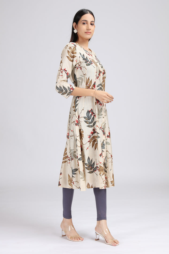 Cream Viscose Printed A Line Kurta