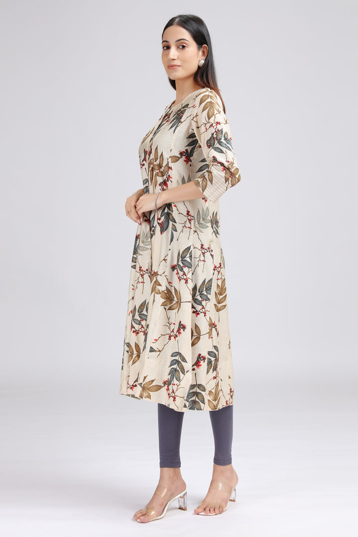 Cream Viscose Printed A Line Kurta