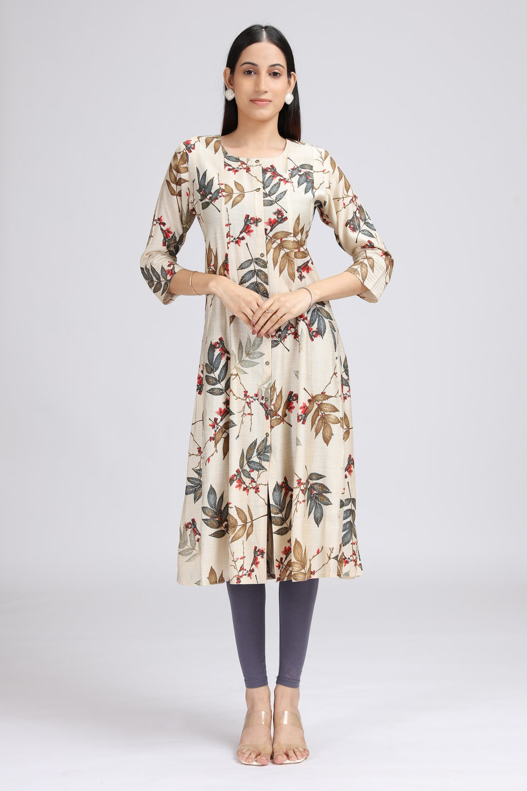 Cream Viscose Printed A Line Kurta