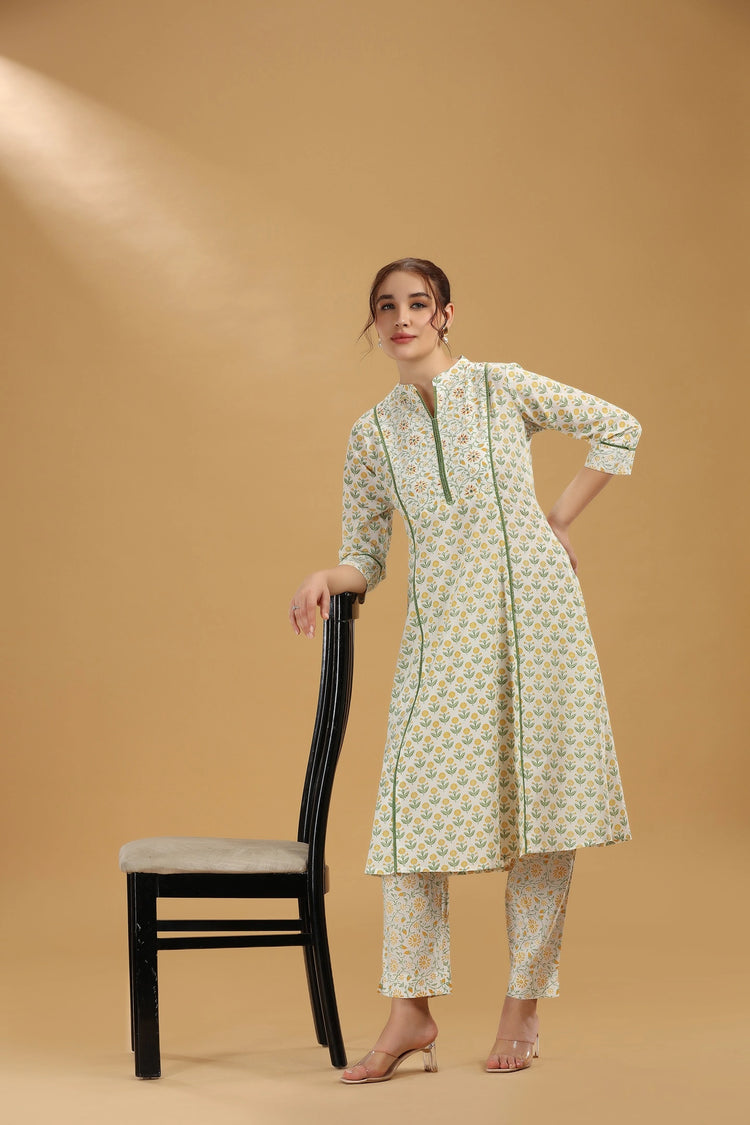 Cream & Green Jaipuri Cotton Printed A Line Kurta Pant Co ord Set for women