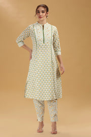 Cream & Green Jaipuri Cotton Printed A Line Kurta Pant Co ord Set for women