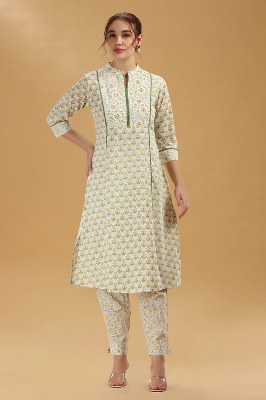Cream & Green Jaipuri Cotton Printed A Line Kurta Pant Co ord Set for women