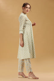Cream & Green Jaipuri Cotton Printed A Line Kurta Pant Co ord Set for women