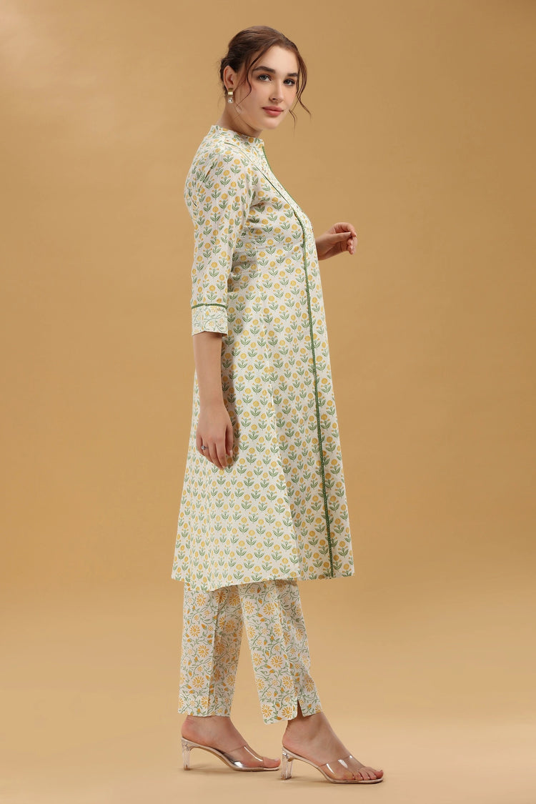 Cream & Green Jaipuri Cotton Printed A Line Kurta Pant Co ord Set for women